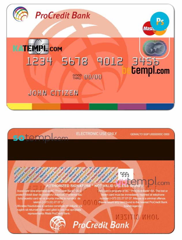 Moldova Procredit bank mastercard, fully editable template in PSD format